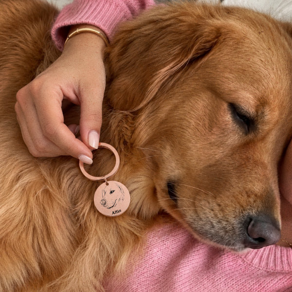 Personalisierter Foto-Schlüsselanhänger in Roségold mit graviertem Golden-Retriever-Porträt, gehalten von der Besitzerin, während ihr Hund schläft